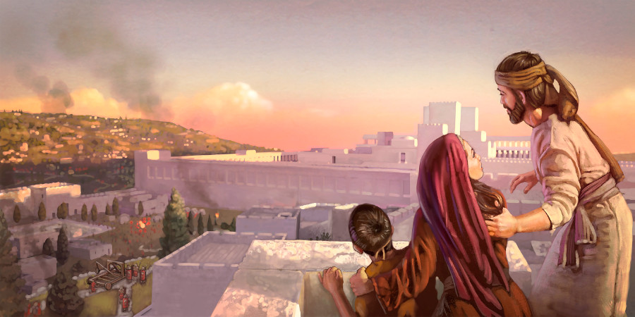 Uma família cristã do primeiro século observando de um terraço soldados tentando destruir a muralha do templo