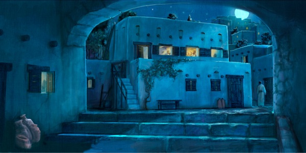 Lua cheia ilumina o sobrado onde Jesus e seus apóstolos celebram a Páscoa