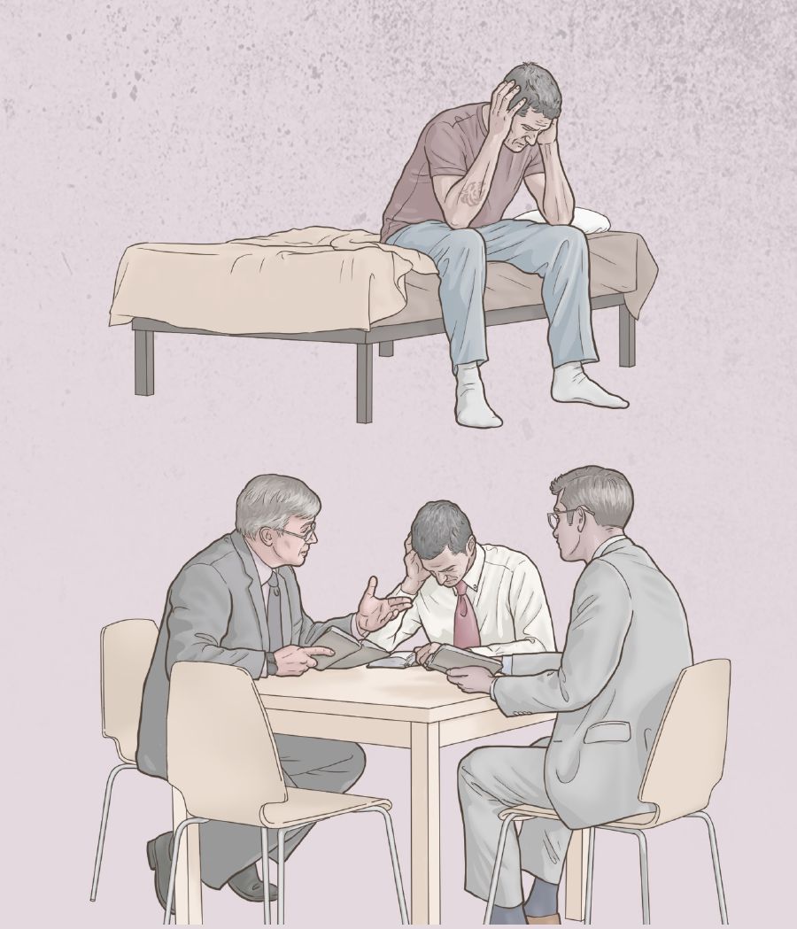 Um irmão senta na cama, triste por causa do seu pecado, mas depois conversa com dois anciãos