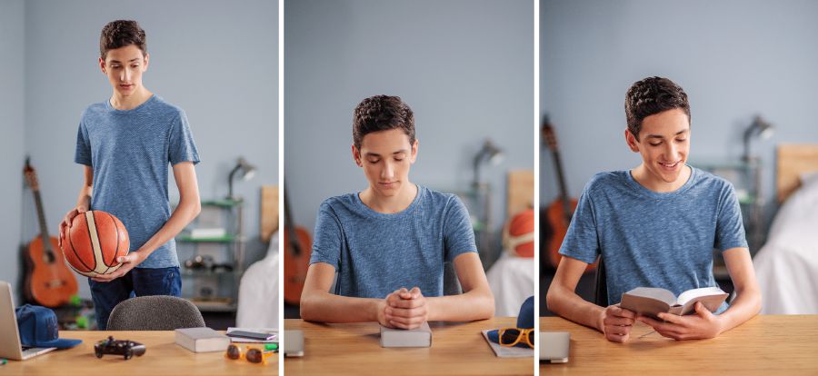 Um menino com uma bola de basquete na mão olha para a Bíblia em cima da mesa; em vez de ir jogar, o menino decide orar e ler a Bíblia