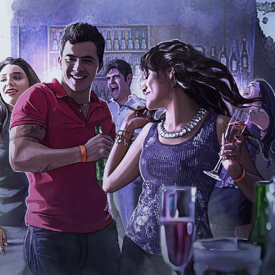 Pessoas dançando e bebendo numa festa descontrolada