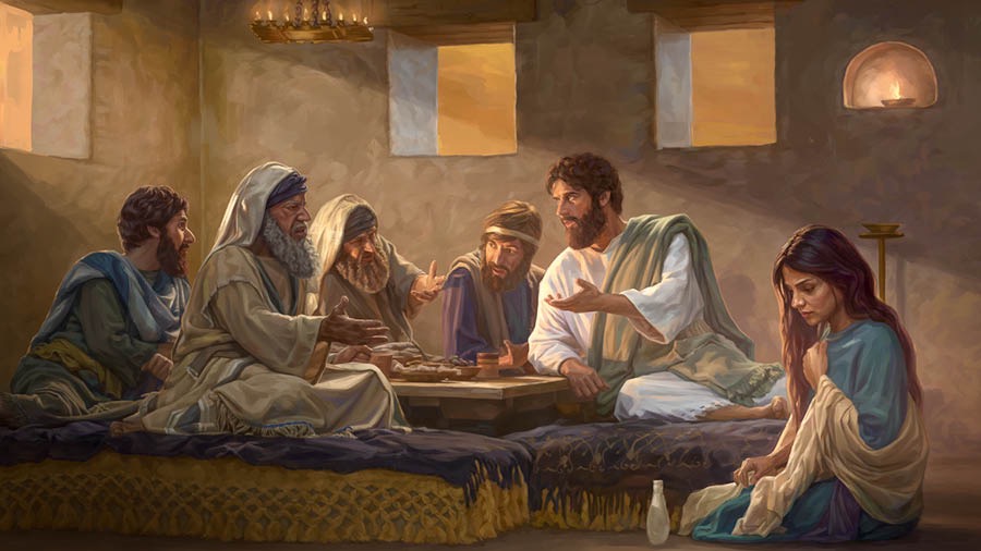 Uma mulher conhecida por ser pecadora se prepara para derramar óleo perfumado nos pés de Jesus