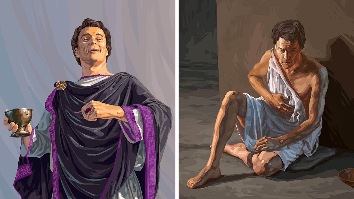 Um homem de Laodiceia usa roupas caras e joias e segura um copo de ouro; esse mesmo homem quase nu veste trapos e está faminto