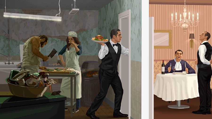 Um garçom sai de uma cozinha imunda levando comida contaminada; um homem come essa comida servida pelo garçom