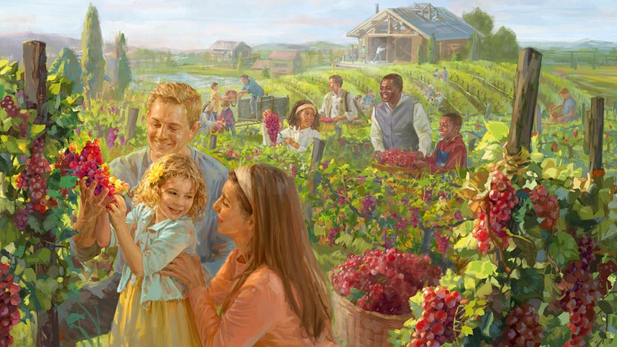 Famílias felizes de várias raças colhendo uvas no novo mundo