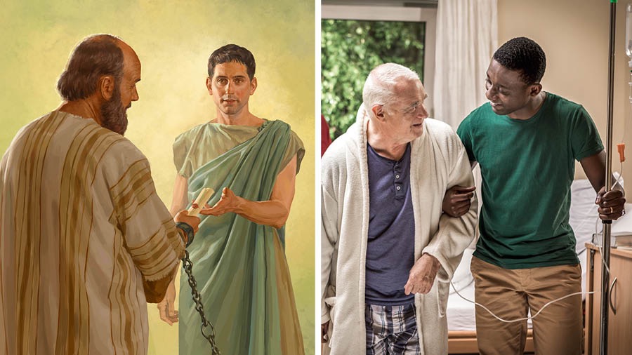 Colagem: Amigos confiáveis ajudam outros que estão passando por dificuldades. 1. O apóstolo Paulo está preso e entrega uma carta para Tíquico. 2. Um irmão jovem ajudando um irmão mais velho que está no hospital.