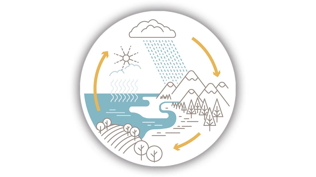 Colagem: O ciclo da água. 1. O calor do Sol evapora a água dos oceanos, formando nuvens. 2. A chuva cai da nuvem sobre o solo. 3. A água retorna para o oceano.