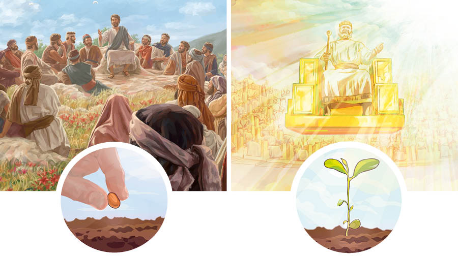 Conjunto de imagens: 1. Jesus ensina uma grande multidão de pessoas. Na parte de baixo da imagem, em destaque, aparece a mão de alguém que está plantando uma semente. 2. Jesus e os 144 mil sentados em tronos no céu. Na parte de baixo da imagem, em destaque, aparece uma muda de planta.