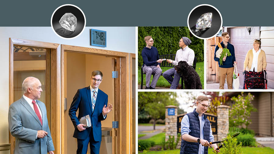 Embaixo de uma foto de um diamante bruto, vemos um irmão jovem chegando atrasado na reunião; um irmão mais velho está olhando para ele com cara feia. Conjunto de imagens: Embaixo de uma foto de um diamante polido, vemos aquele mesmo irmão jovem em três situações diferentes. 1. Ele deixa um cartão de visita do site JW para um homem em um parque. 2. Ele ajuda uma idosa carregando as compras dela. 3. Ele participa na manutenção do jardim de um Salão do Reino.