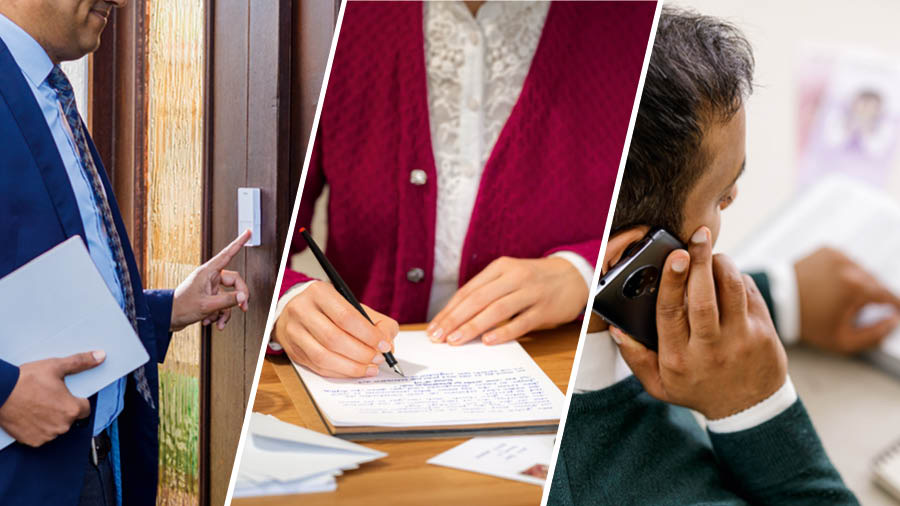 Conjunto de imagens: Vários irmãos participam na obra de pregação. 1. Um irmão vai de casa em casa. 2. Uma irmã escreve uma carta. 3. Um irmão prega por telefone.