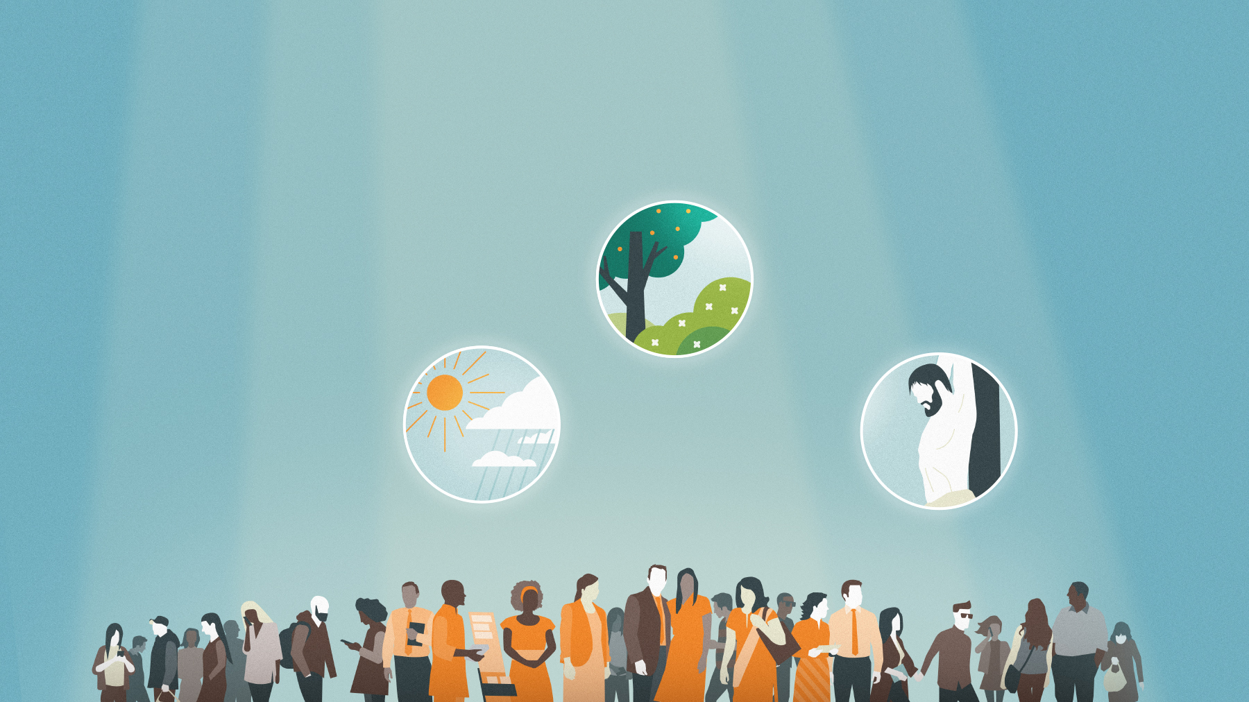 Pessoas de culturas e idades diferentes. Conjunto de imagens: Demonstrações do amor de Jeová. 1. Sol e chuva. 2. Flores, plantas e árvores. 3. A oportunidade de se beneficiar do resgate.