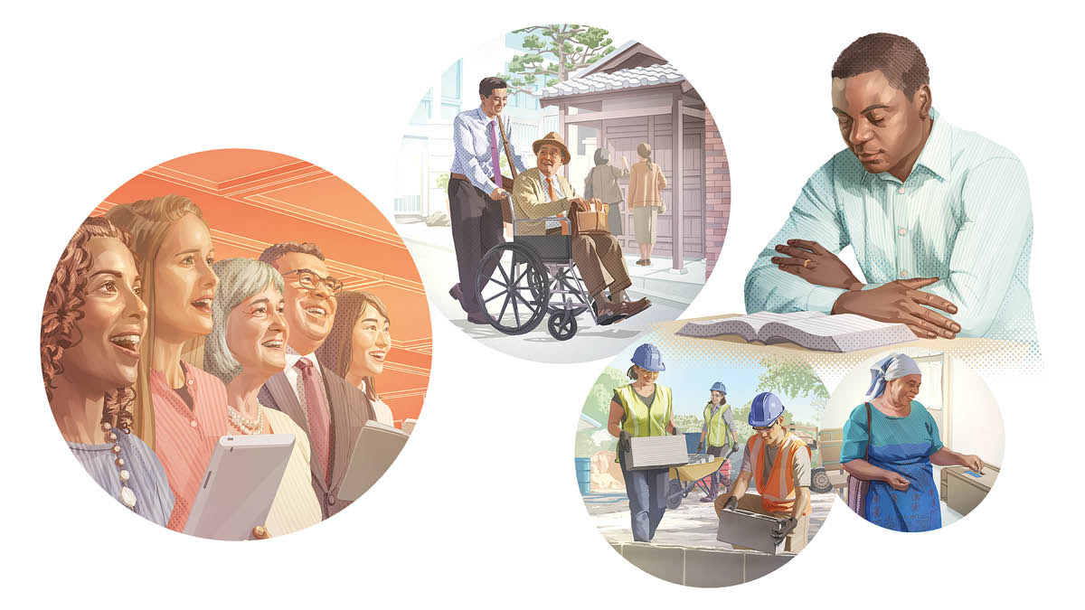 Conjunto de imagens: Aspectos da adoração verdadeira. 1. Irmãs e irmãos cantando nas reuniões. 2. Um irmão empurrando a cadeira de rodas para um irmão idoso enquanto trabalham na pregação. 3. Um irmão orando antes de ler a Bíblia. 4. Uma irmã colocando um donativo na caixa de contribuição. 5. Irmãos e irmãs trabalhando num projeto de construção.