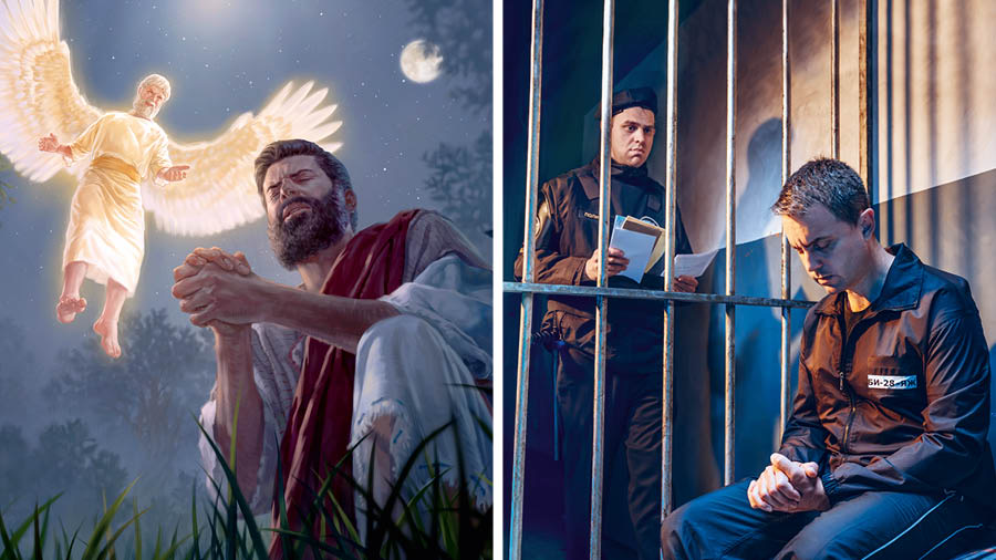 Conjunto de imagens: 1. Um anjo aparece para fortalecer Jesus enquanto ele está orando. 2. Um irmão preso orando enquanto um guarda o observa.