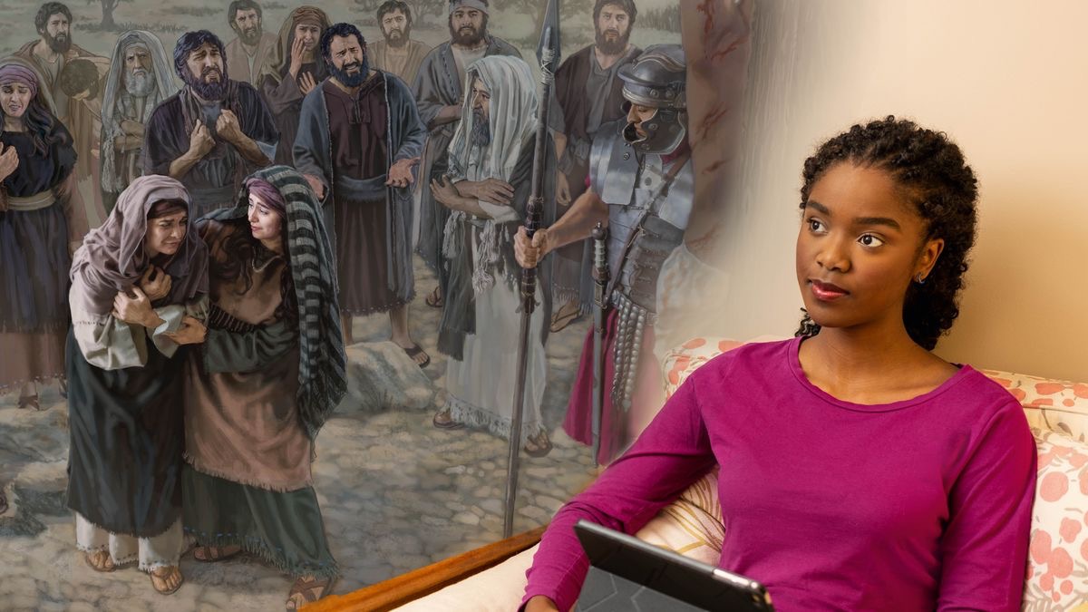 Uma jovem meditando no que está lendo na Bíblia. Ela imagina Maria Madalena consolando Maria, a mãe de Jesus, enquanto ele está pendurado na estaca de tortura.