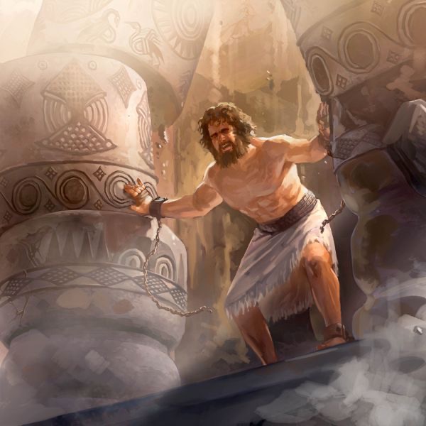 Sansão empurrando com toda sua força duas colunas enquanto o lugar desaba.