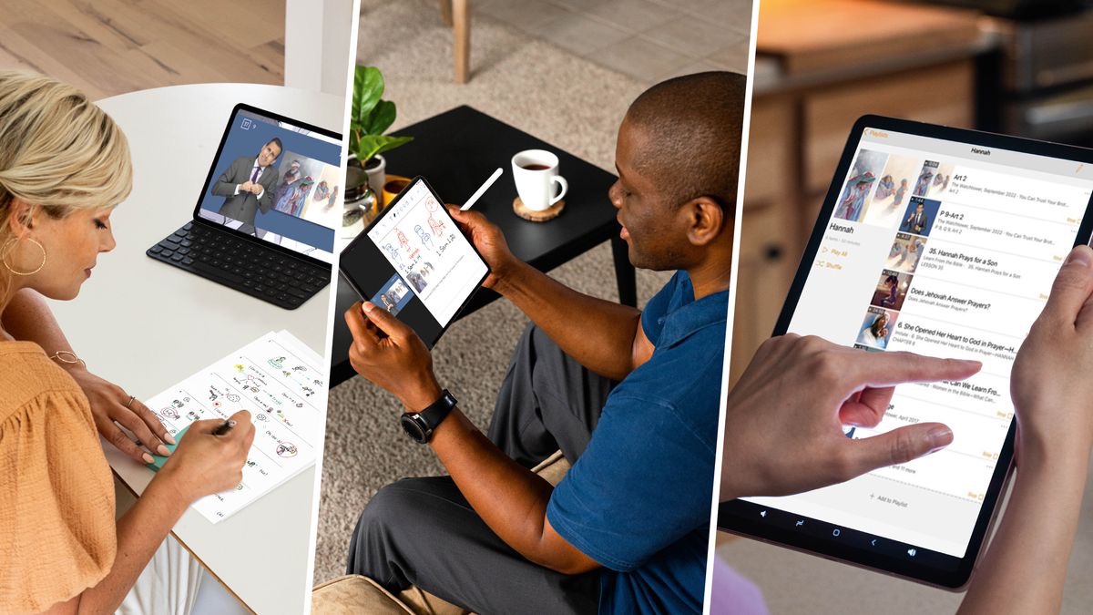 Conjunto de imagens: 1. Uma irmã faz uma anotação para colar em sua Bíblia. 2. Um irmão marca algumas frases e faz algumas anotações num artigo que está estudando em seu tablet. 3. Uma irmã destaca algumas frases e faz algumas anotações na sua Bíblia usando o aplicativo “JW Library”.