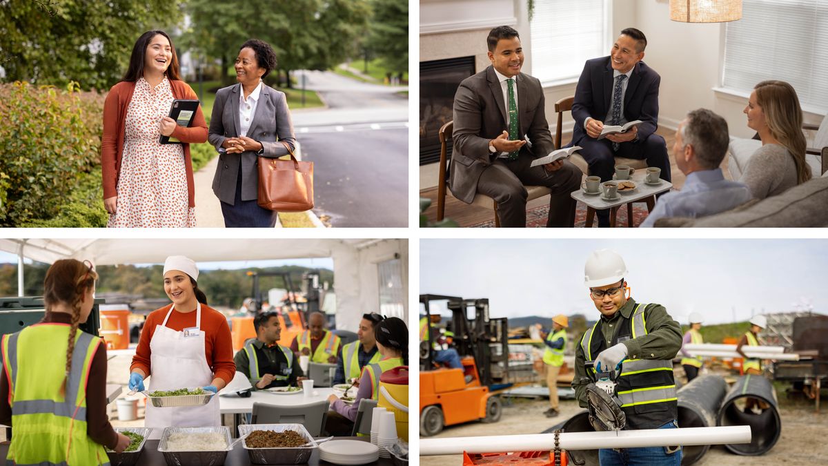 Conjunto de imagens: 1. Uma irmã solteira está feliz conversando com uma irmã mais velha enquanto as duas trabalham juntas na pregação. 2. A irmã solteira ajuda a servir o almoço numa construção da organização. 3. Um irmão solteiro acompanha um ancião numa visita de pastoreio a um casal. 4. O irmão solteiro cortando um tubo com uma serra elétrica na mesma construção onde está a irmã solteira.