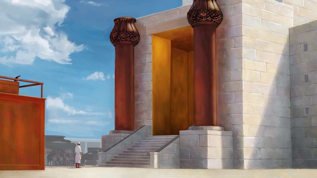 Um levita de pé entre o altar de cobre e o pórtico do templo.