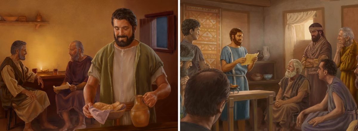 Conjunto de imagens: 1. Marcos serve uma refeição e dá algo de beber para Paulo e Barnabé. 2. Timóteo lê uma carta a um grupo de anciãos que estão prestando bastante atenção.