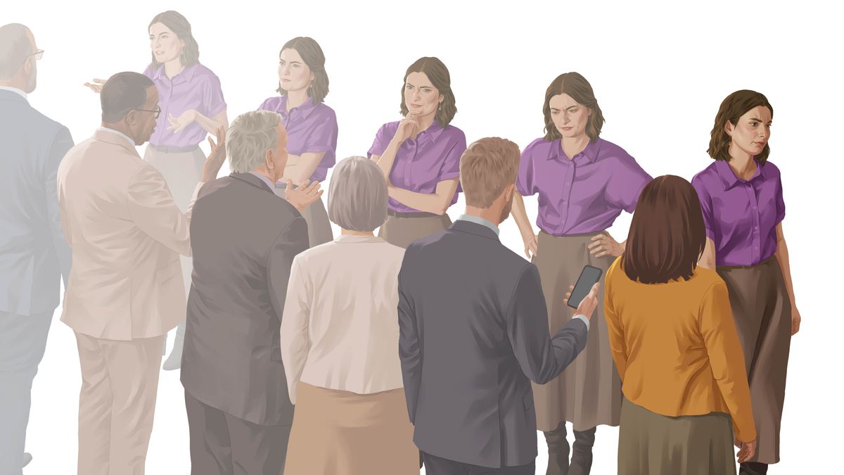 Uma irmã pedindo conselhos a vários irmãos e irmãs diferentes. Ela vai falando com uma pessoa após outra, insatisfeita com as respostas que dão a ela.