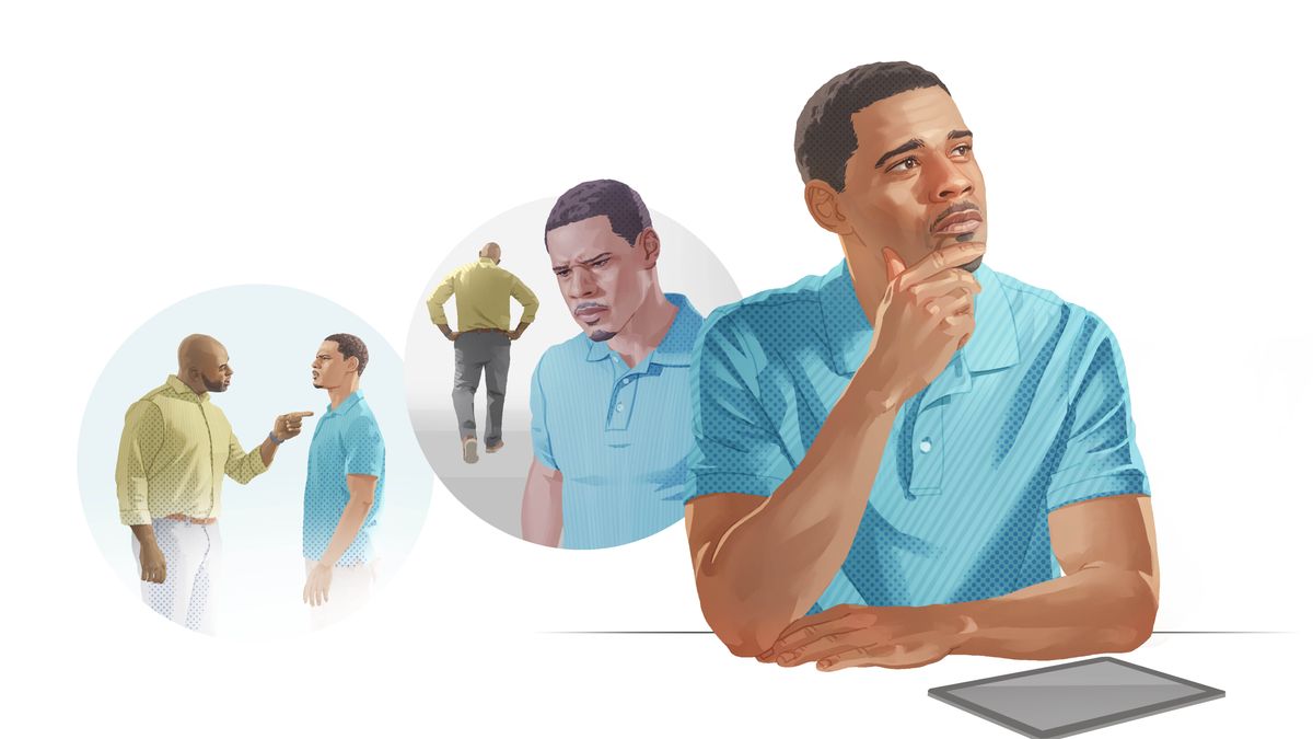 Conjunto de imagens: Um irmão escolhendo deixar uma ofensa pra lá. 1. O outro irmão grita com ele. 2. Ele pensa no que o outro irmão acabou de fazer. 3. Ele lê a Bíblia e medita no que lê.