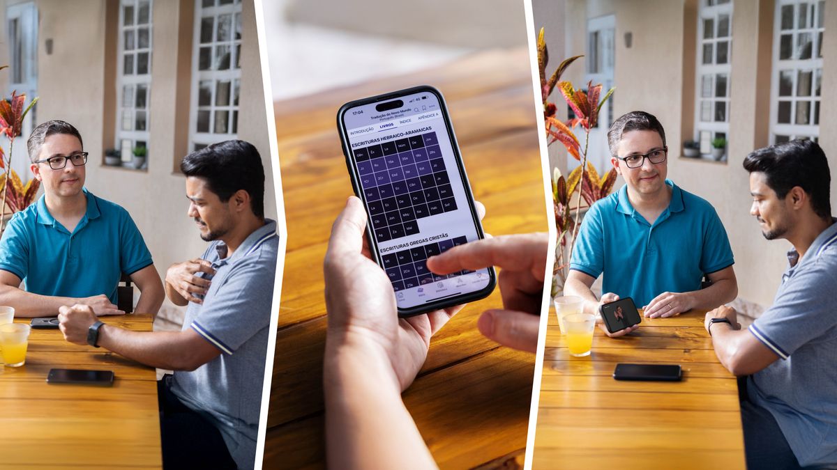 Conjunto de imagens: Um irmão dando conselho de forma amorosa a outro irmão, que está chateado. 1. Dois irmãos sentados em uma varanda com copos de suco sobre a mesa. Um deles escuta com paciência enquanto o outro, que está chateado, fala como se sente. 2. O irmão que está ouvindo abre a Bíblia. 3. De forma amorosa, o irmão usa a Bíblia para dar conselhos, enquanto o outro irmão, agora mais calmo, escuta.