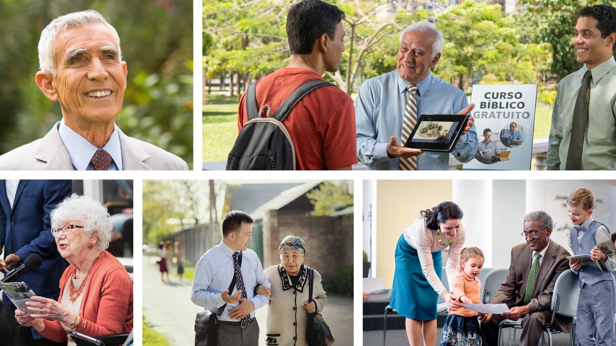 Conjunto de imagens: Irmãos e irmãs idosos servindo a Jeová felizes. 1. Um irmão sorrindo e olhando confiante para a frente. 2. Uma irmã na cadeira de rodas oferecendo um folheto para sua cuidadora. 3. Uma irmã comentando numa reunião. 4. Uma irmã segurando no braço de um irmão jovem enquanto os dois trabalham juntos no serviço de campo. 5. Um irmão passando um tempo com duas crianças e a mãe delas no Salão do Reino.