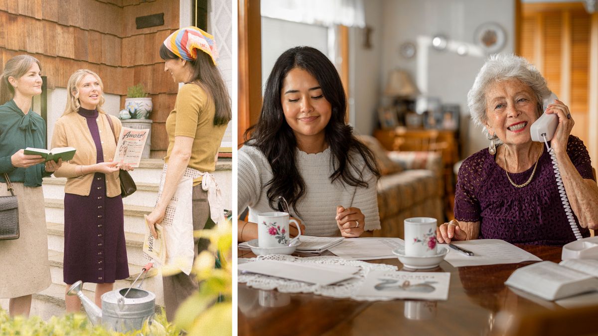 Conjunto de imagens: Uma irmã servindo a Jeová fielmente por muitos anos. 1. Muitos anos antes, a irmã, ainda jovem, conversando com uma mulher na pregação de casa em casa. 2. A irmã, agora idosa, pregando por telefone junto com uma irmã jovem.