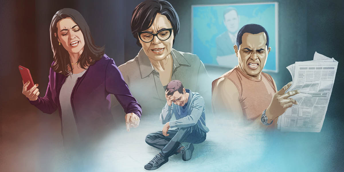 Conjunto de imagens: Um homem aflito pensando em todas as formas de ódio que o cercam. 1. Uma mulher com um celular na mão o rebaixa. 2. Outra mulher olha para ele com desprezo. 3. Um homem com raiva lê o jornal e fala mal dele. 4. Um repórter na TV.