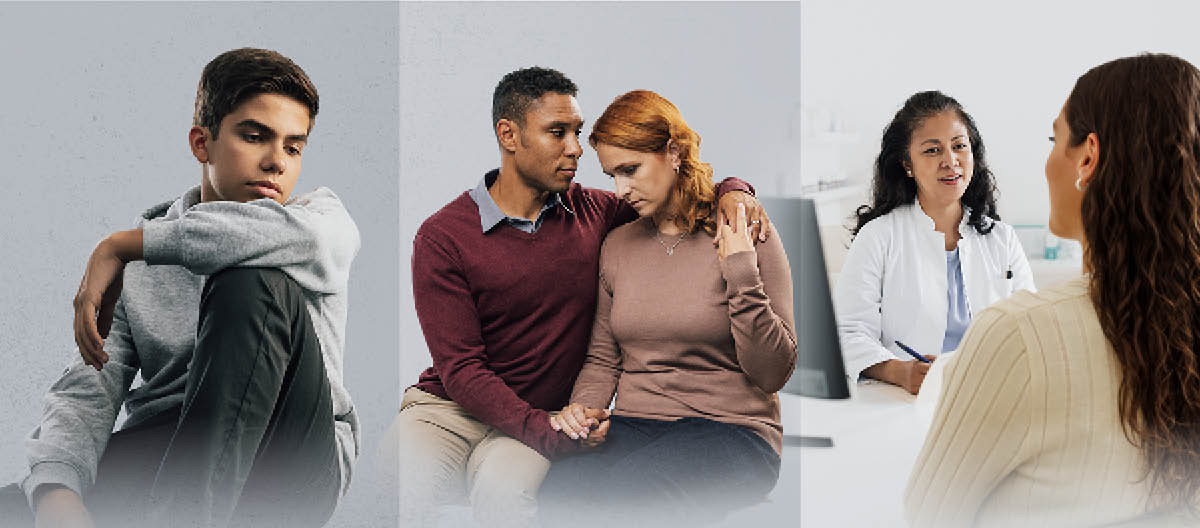 Conjunto de imagens: 1. Um adolescente parece triste e deprimido. 2. Um homem consola sua esposa deprimida. 3. Uma mulher conversa com uma profissional de saúde.