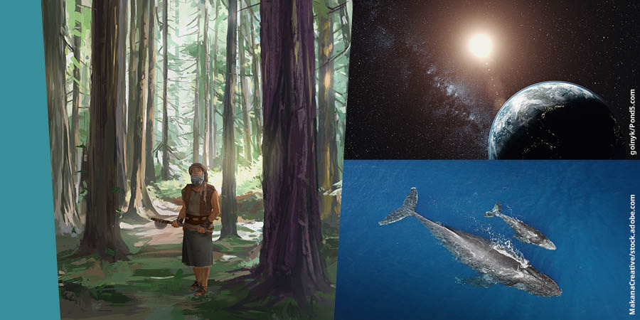 Collage: 1. Noé sosté una destral i mira uns arbres molts alts en un bosc. 2. Una vista de la Terra, les estreles i el Sol des de l’espai. 3. Una vista aèria d’una balena amb la seua cria.