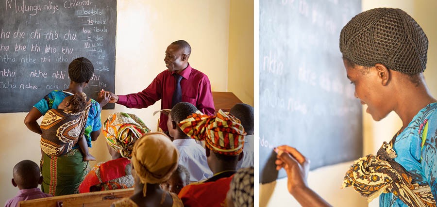 Collage: Classes d’alfabetització realitzades en Lilongwe (Malawi) el 2014. 1. Un germà ensenyant chichewa a hòmens, dones i xiquets en una Sala de Reunions. 2. Una dona escriu en una pissarra en una Sala de Reunions.