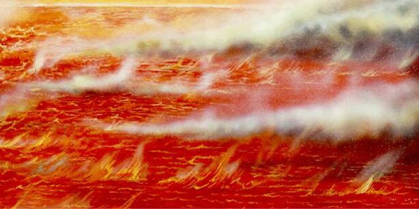 Un estany de foc cobert de fum i flames