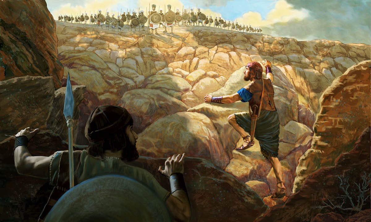 Jonatan i el seu escuder pugen ràpidament la paret escarpada del tossal que els conduïx directe als seus enemics