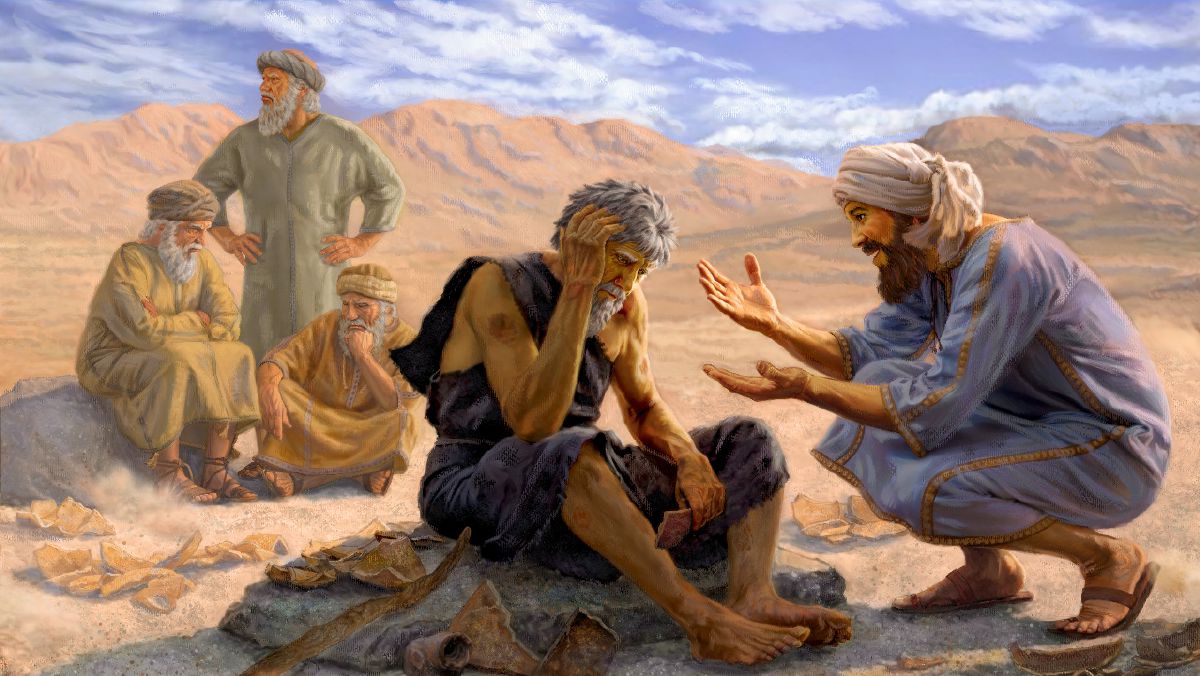 Elihú es dirigix a Job amb amabilitat i dignitat, i al fons es veu als tres falsos consoladors