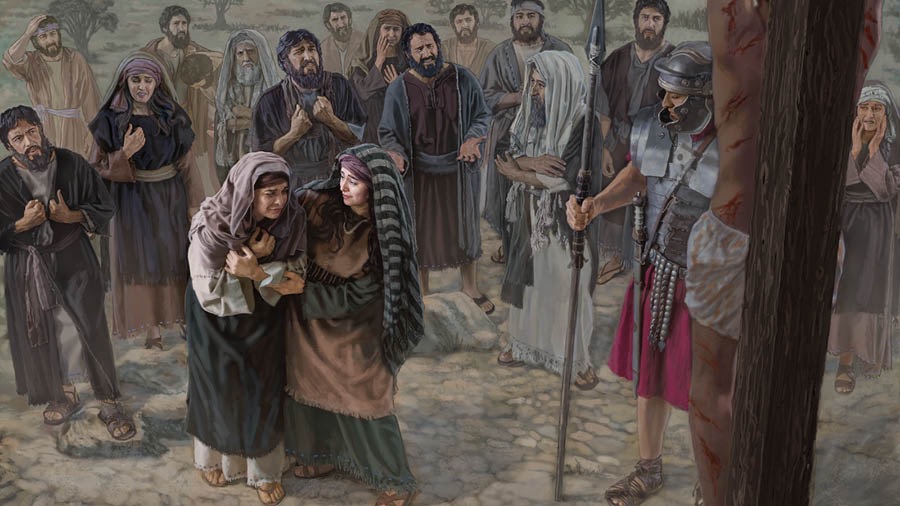 Maria Magdalena consola la mare de Jesús, Maria, mentres el seu fill està penjat al pal de turment. Un soldat romà, i alguns hòmens i dones estan drets a prop.