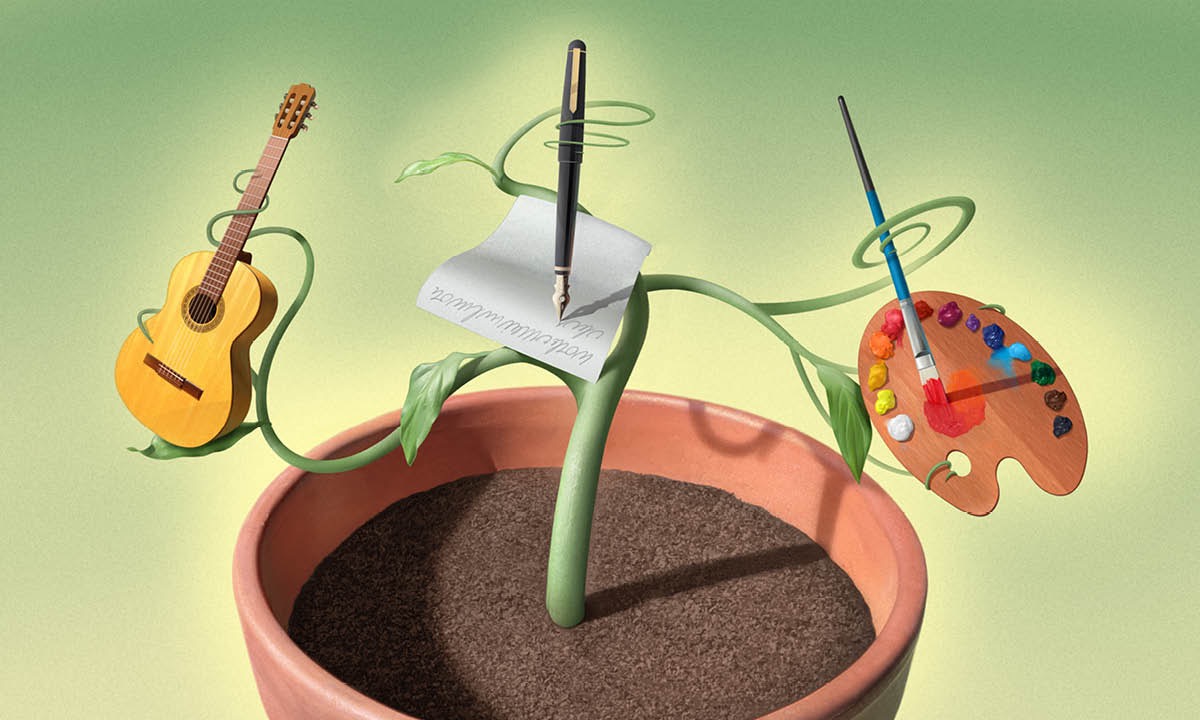 Una planta on en cada rama li creixen una guitarra, un paper i un boli i una paleta de colors