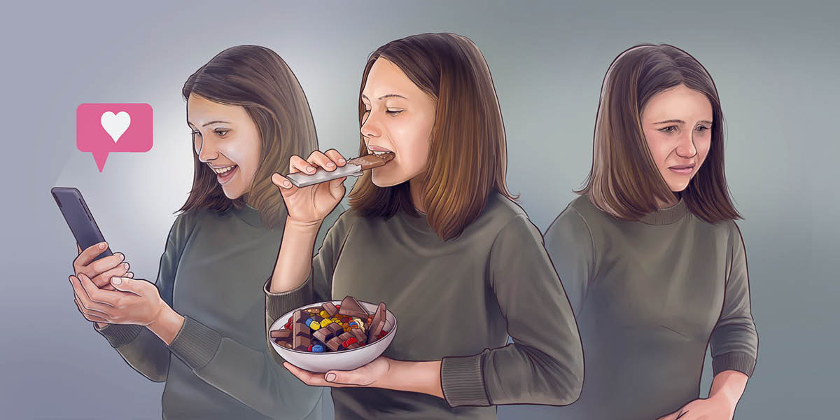 Composició: 1. Una jove mira els likes que ha rebut en la seua xarxa social. 2. La mateixa jove està menjant dolços. 3. La jove té la mà a la panxa i pareix preocupada.
