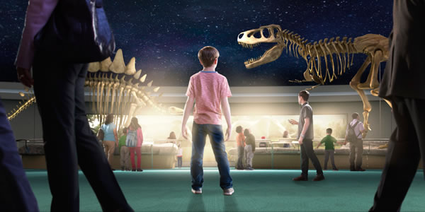Uns estudiants en un museu mirant fòssils de dinosaures