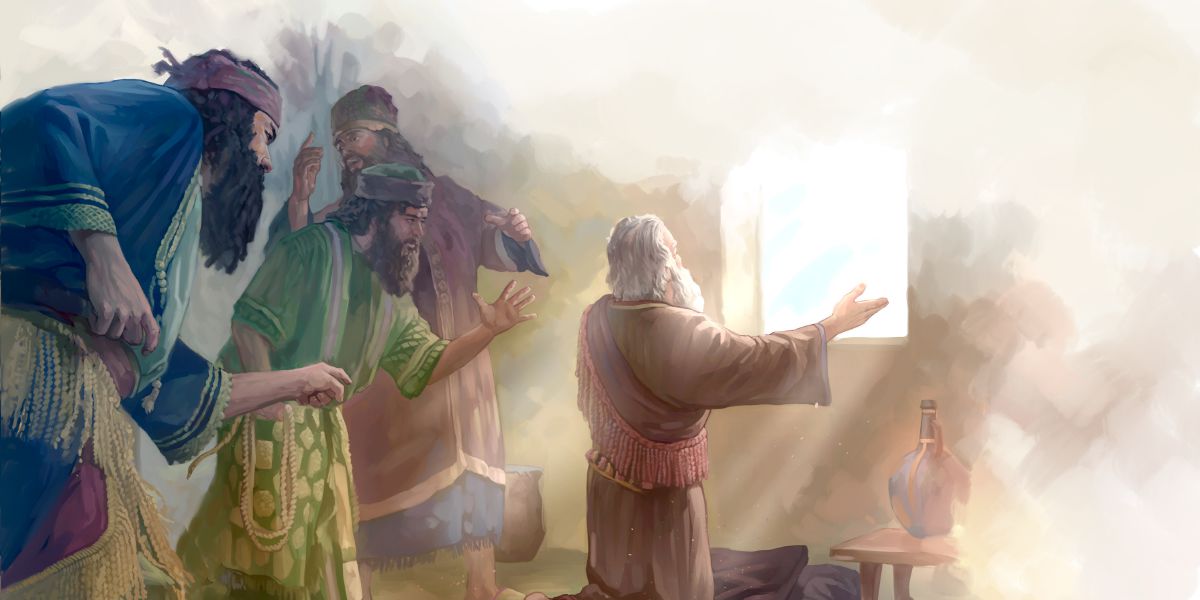 Uns hòmens que estaven zelosos de Daniel el troben orant davant d’una finestra oberta