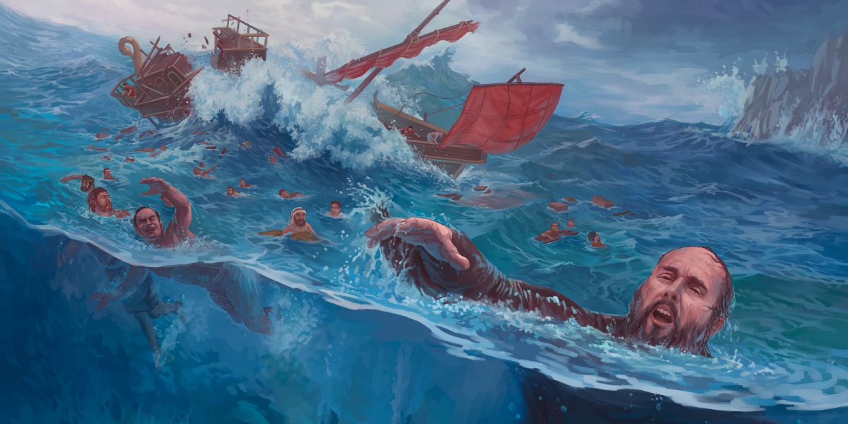 Pau i altres persones naden o floten amb les peces del barco que es va destrossar a la costa de Malta