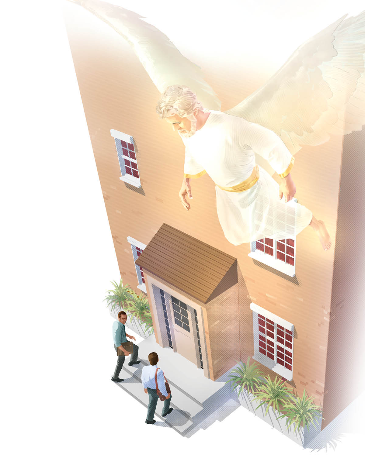 Un angel guiant a dos testimonis de Jehovà en la predicació de casa en casa.