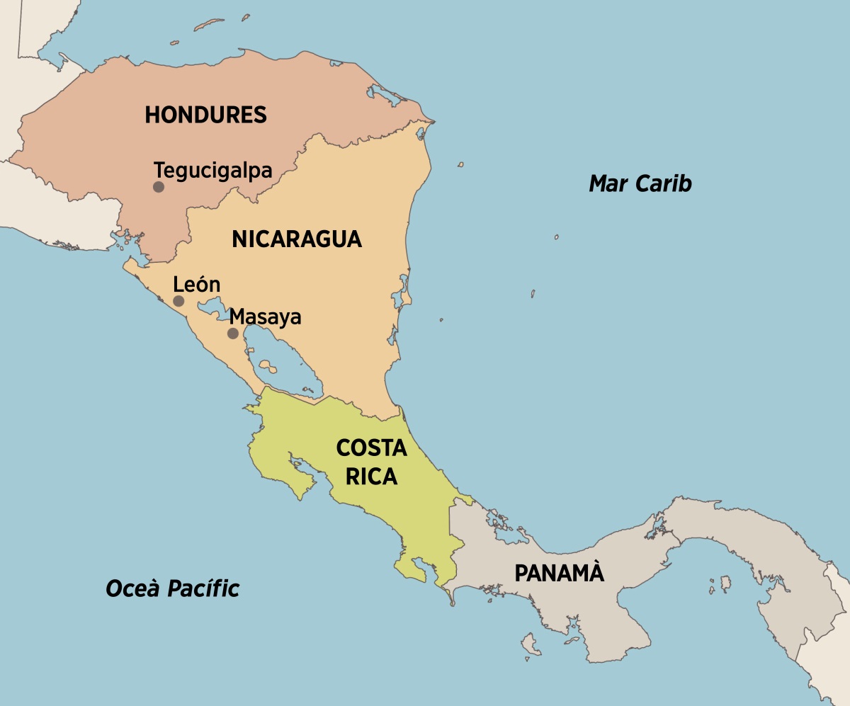 Un mapa de l’Amèrica Central que mostra on Elfriede va viure i va predicar: Tegucigalpa (Hondures), León i Masaya (Nicaragua), Costa Rica i Panamà.