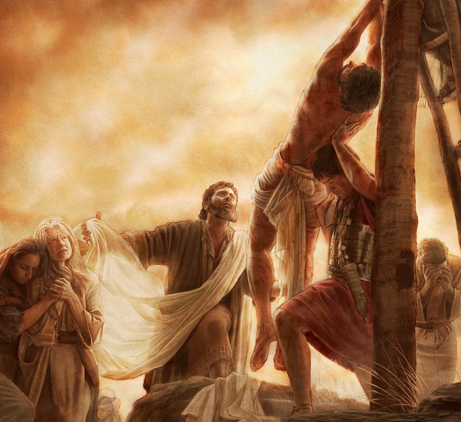 Baixen a Jesús del pal de turment i el tapen amb un llençol