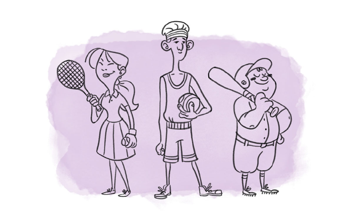 Una xica amb una raqueta de tenis, un xic amb una pilota de bàsquet i una altre xic amb un bat de beisbol