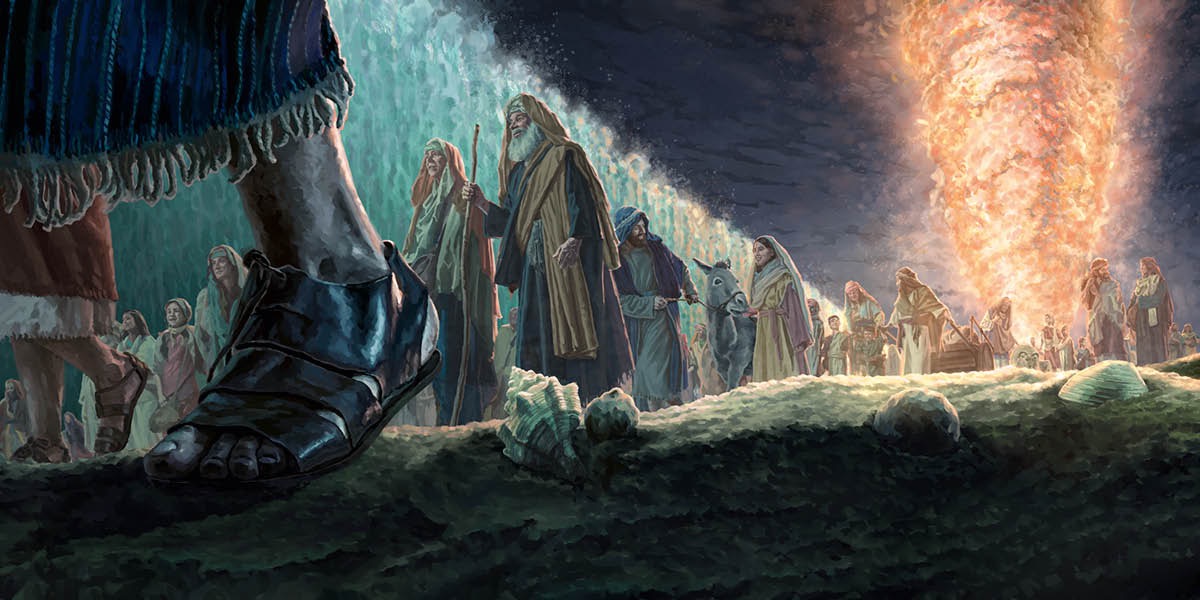 Els israelites creuant el mar Roig sobre terra eixuta. Una columna de foc il·lumina el seu camí.