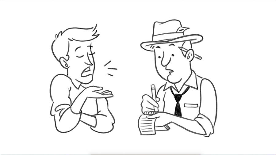 Un home xafardejant mentres un altre, vestit com un reporter, pren notes.