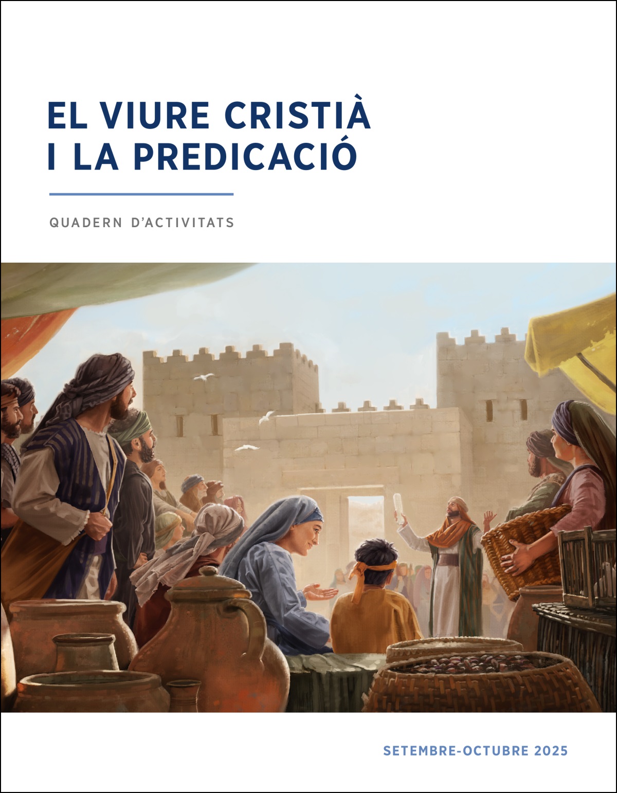 Un grup d’israelites prop de la porta d’entrada de la ciutat escoltant a un sacerdot parlar. Ell té un rotllo en la mà.