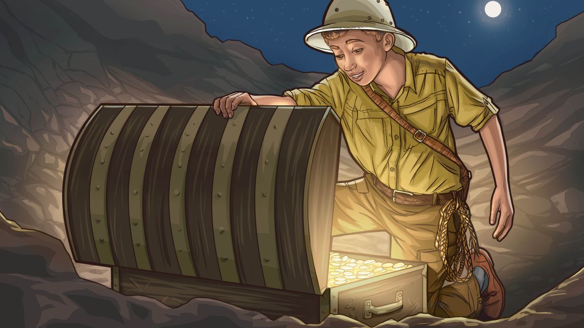 Un xiquet vestit d’explorador obri emocionat un cofre del tresor.