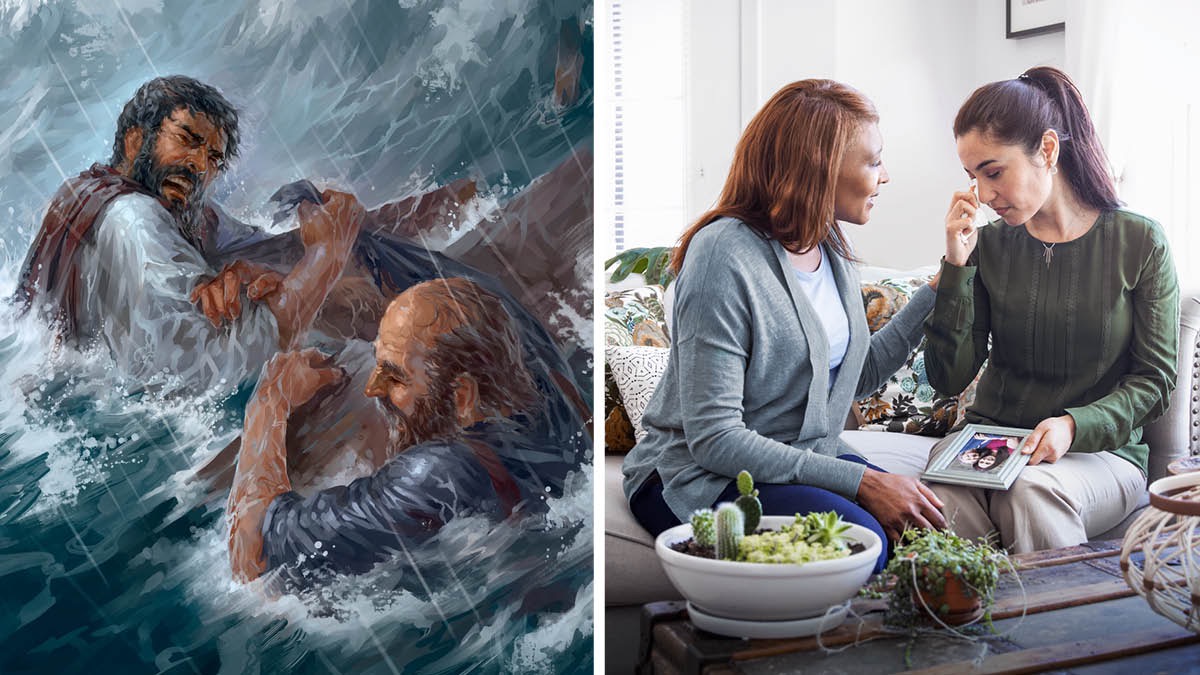 Collage: Els amics lleials són una font de consol. 1) Aristarc i l’apòstol Pau s’aferren a uns taulons enmig d’un violent temporal en el mar. Aristarc s’agarra fort de la roba de Pau per a no ser arrastrat per les ones. 2) Una germana major reconforta una jove que es posa a plorar quan mira una foto dels seus pares que han mort.